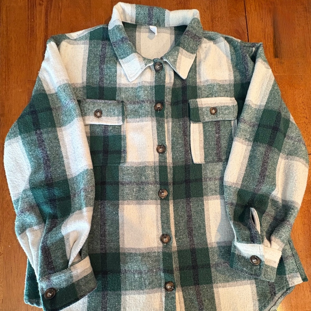 Flannel Shirt Shacket Jacket Green Plaid Size S Very Good Condition